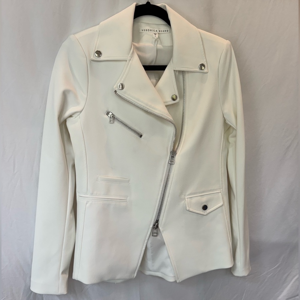 Moto Veronica Beard Cream Leather Jacket Dickey style with Silver Details